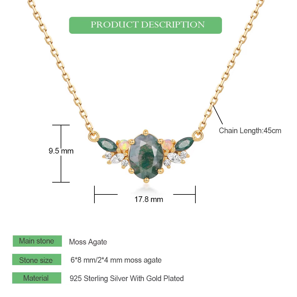 925 Sterling Silver Natural Moss Agate Necklace for Women Angel Wing Luxury Jewelry Crystal Zicron Gold Plated Wedding Gifts