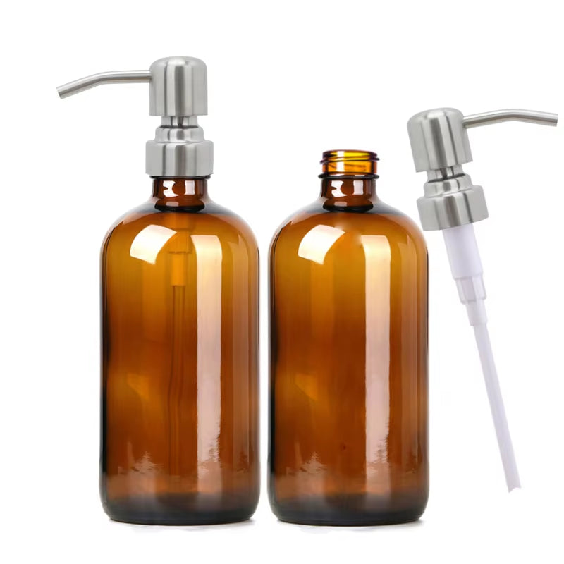 Amber Glass Soap Dispenser with Black Pump, Liquid Hand Soap Dispenser for Bathroom, Kitchen Dish Soap Dispenser, 2Pc 16Oz 500Ml