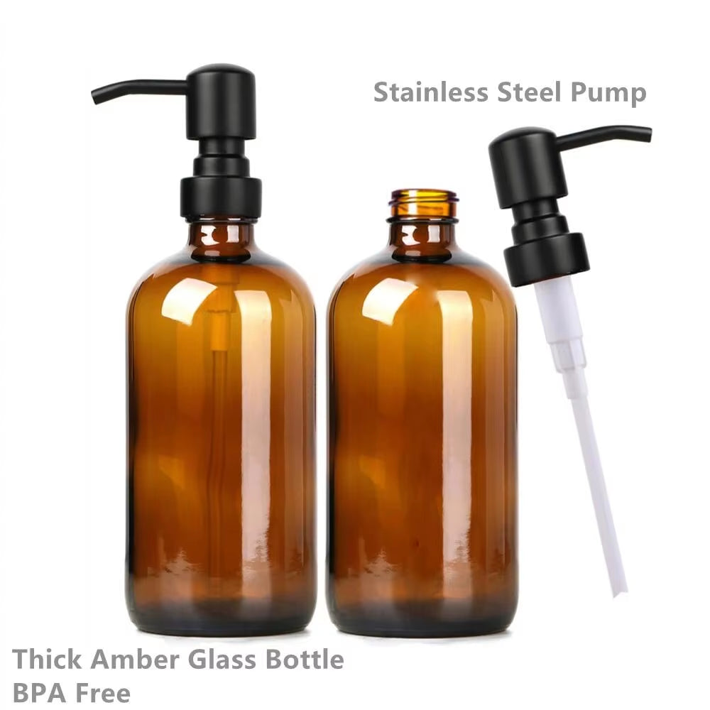 Amber Glass Soap Dispenser with Black Pump, Liquid Hand Soap Dispenser for Bathroom, Kitchen Dish Soap Dispenser, 2Pc 16Oz 500Ml