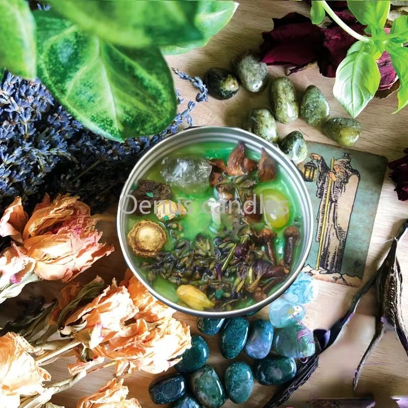 1PCS Prosperity Candle Crystals Herbs Soy Vegan Wealth Scented Candle in Jars Magic Pray Pagan Candles Tin 100G/3.5Oz