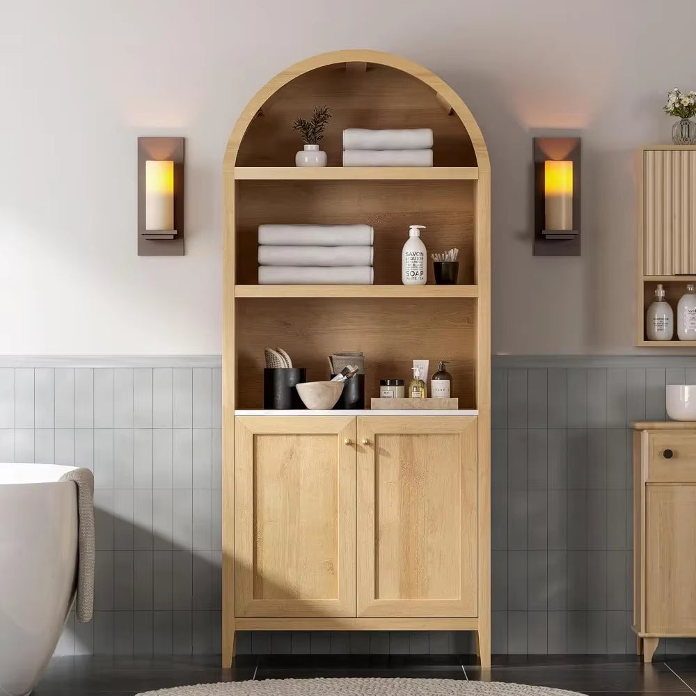 %A 71" Tall Arched Cabinet, 5-Tier Arched Bookcase Storage Display Cabinet with Doors and Shelves,For Living Room , Natural Oak
