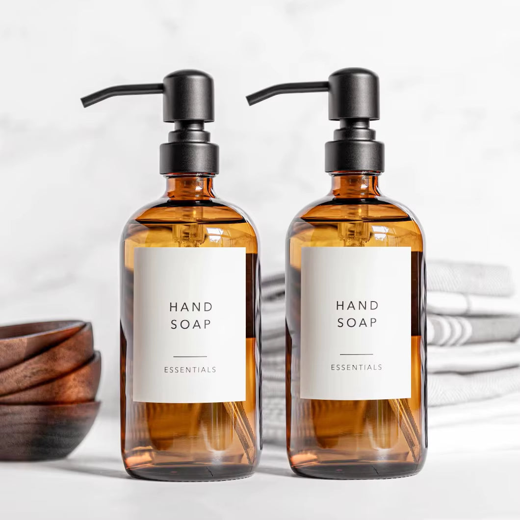 Amber Glass Soap Dispenser with Black Pump, Liquid Hand Soap Dispenser for Bathroom, Kitchen Dish Soap Dispenser, 2Pc 16Oz 500Ml