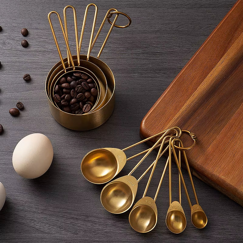 Golden Measuring Cups and Spoons Set Stainless Steel Stackable Premium Kitchen Tools for Coffee Baking Flour Home Accessories
