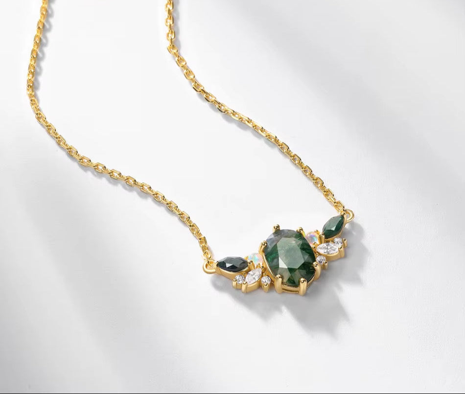 925 Sterling Silver Natural Moss Agate Necklace for Women Angel Wing Luxury Jewelry Crystal Zicron Gold Plated Wedding Gifts