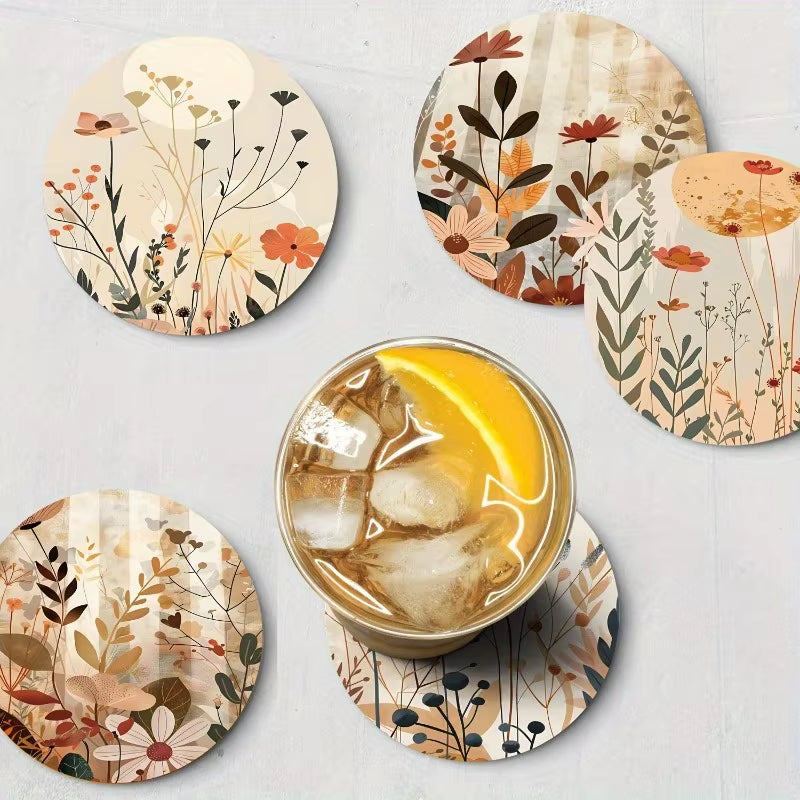 Bohemian Wooden Coaster - 6-Piece Set for Coffee , Non-Slip Heatproof,Perfect for Home, Kitchen & Car Decor, Ideal Holiday Gift