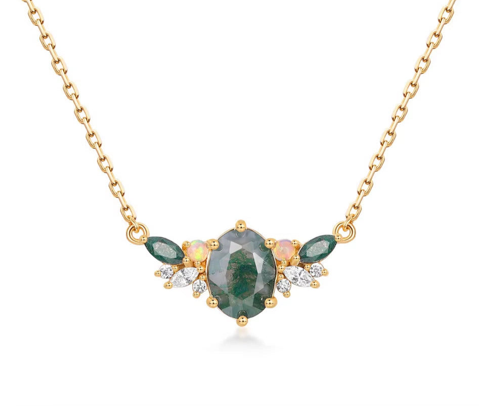925 Sterling Silver Natural Moss Agate Necklace for Women Angel Wing Luxury Jewelry Crystal Zicron Gold Plated Wedding Gifts