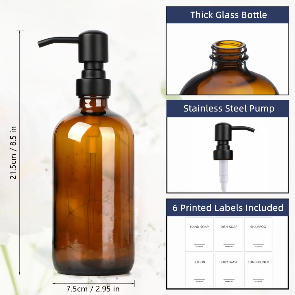 Amber Glass Soap Dispenser with Black Pump, Liquid Hand Soap Dispenser for Bathroom, Kitchen Dish Soap Dispenser, 2Pc 16Oz 500Ml