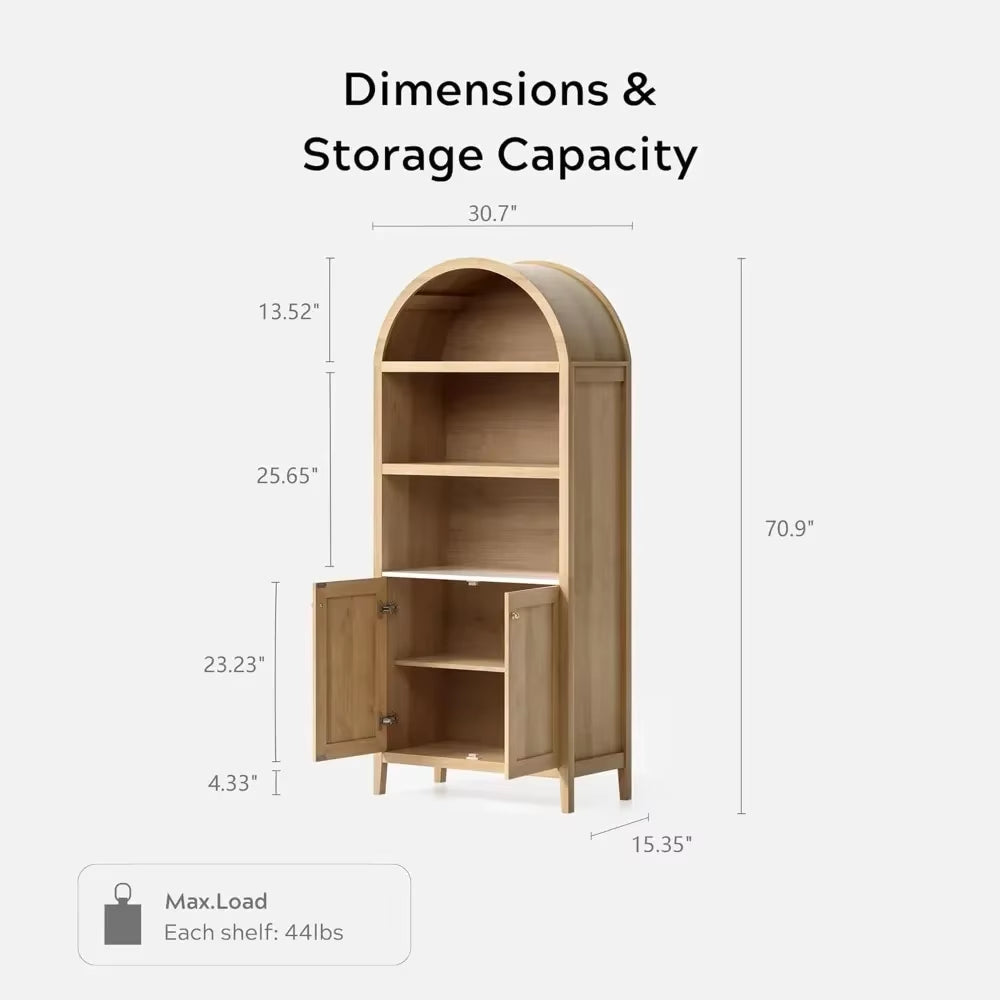 %A 71" Tall Arched Cabinet, 5-Tier Arched Bookcase Storage Display Cabinet with Doors and Shelves,For Living Room , Natural Oak