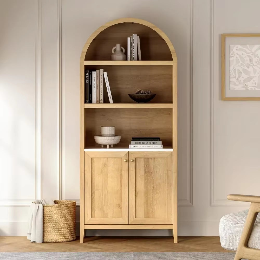 %A 71" Tall Arched Cabinet, 5-Tier Arched Bookcase Storage Display Cabinet with Doors and Shelves,For Living Room , Natural Oak
