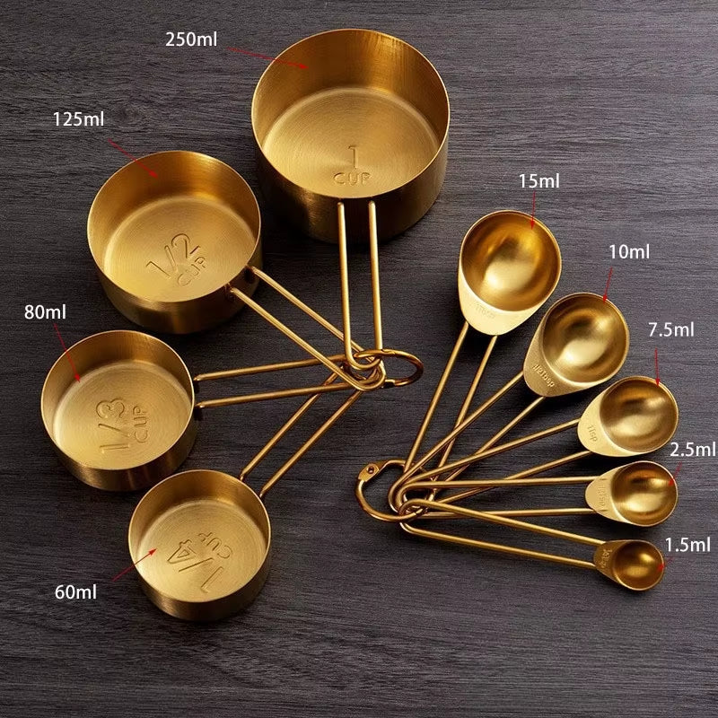 Golden Measuring Cups and Spoons Set Stainless Steel Stackable Premium Kitchen Tools for Coffee Baking Flour Home Accessories