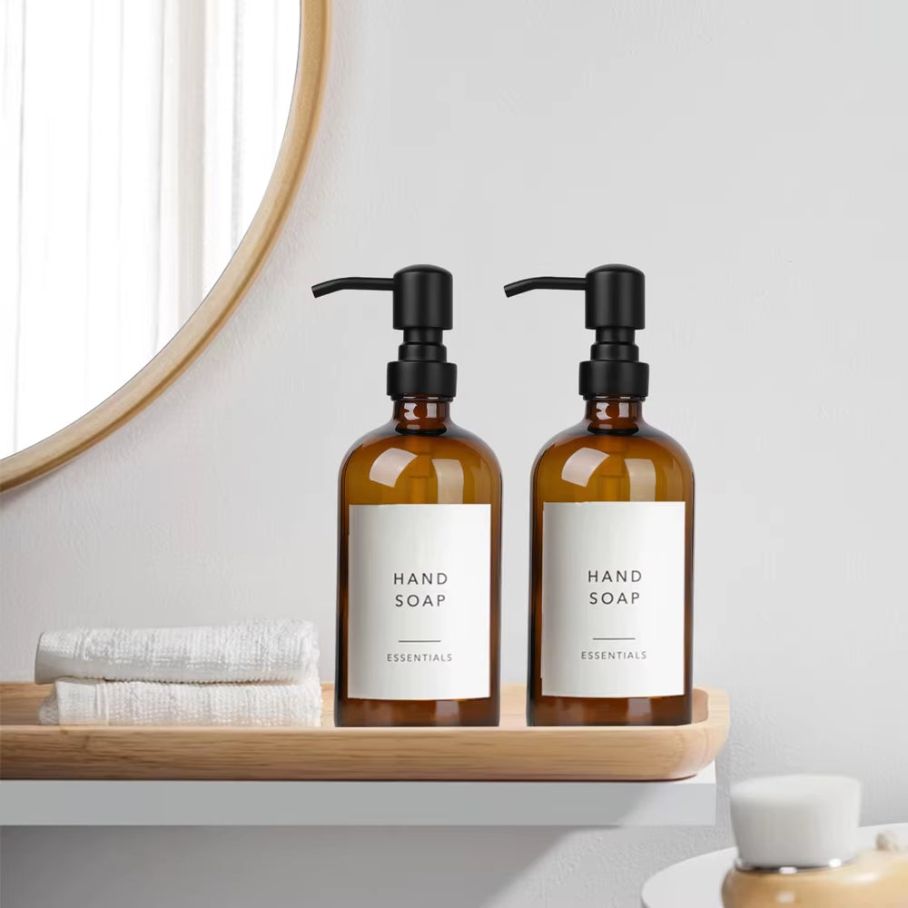 Amber Glass Soap Dispenser with Black Pump, Liquid Hand Soap Dispenser for Bathroom, Kitchen Dish Soap Dispenser, 2Pc 16Oz 500Ml