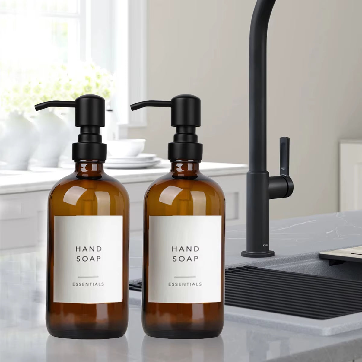 Amber Glass Soap Dispenser with Black Pump, Liquid Hand Soap Dispenser for Bathroom, Kitchen Dish Soap Dispenser, 2Pc 16Oz 500Ml