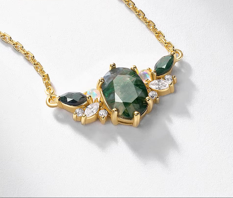 925 Sterling Silver Natural Moss Agate Necklace for Women Angel Wing Luxury Jewelry Crystal Zicron Gold Plated Wedding Gifts