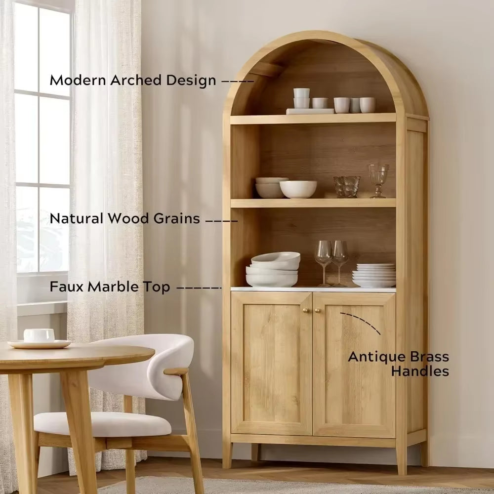 %A 71" Tall Arched Cabinet, 5-Tier Arched Bookcase Storage Display Cabinet with Doors and Shelves,For Living Room , Natural Oak