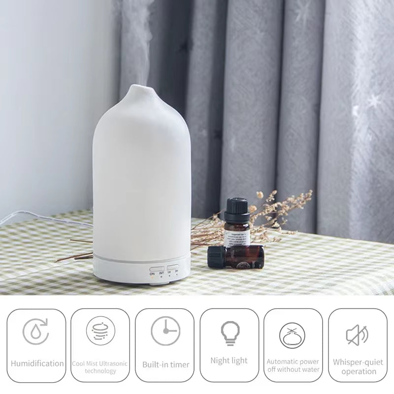 Ceramic Essential Oil Aromatherapy Diffuser Ultrasonic Air Humidifier with Timer Night Light Waterless Auto off Cool Mist Maker
