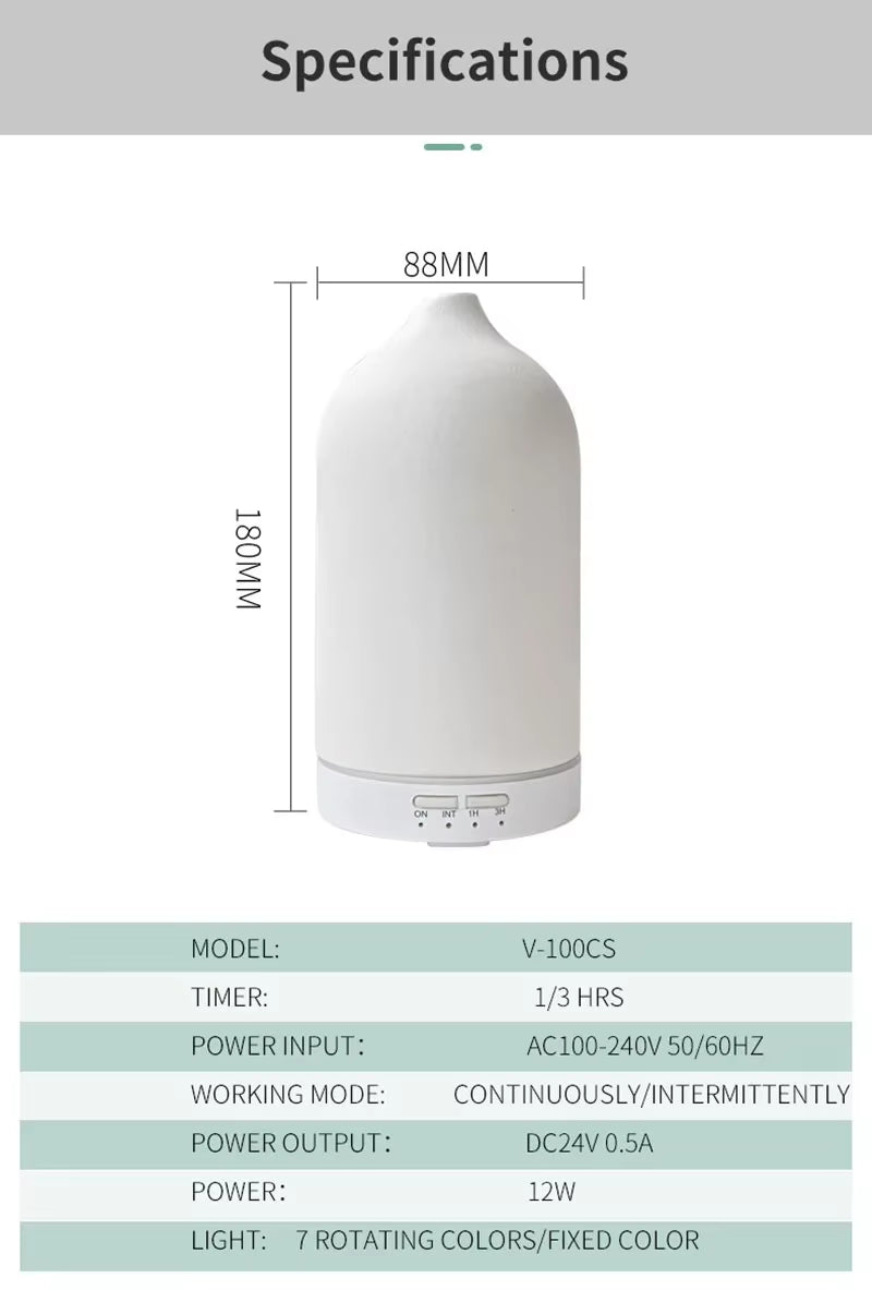 Ceramic Essential Oil Aromatherapy Diffuser Ultrasonic Air Humidifier with Timer Night Light Waterless Auto off Cool Mist Maker