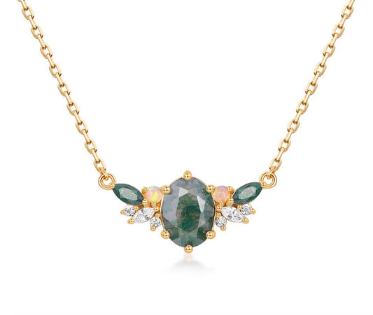 925 Sterling Silver Natural Moss Agate Necklace for Women Angel Wing Luxury Jewelry Crystal Zicron Gold Plated Wedding Gifts