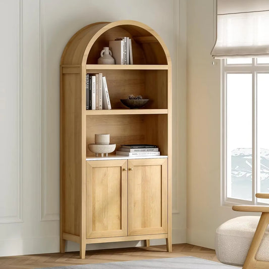 %A 71" Tall Arched Cabinet, 5-Tier Arched Bookcase Storage Display Cabinet with Doors and Shelves，For Living Room , Natural Oak